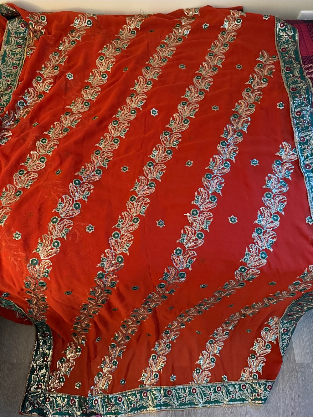 Embroidered Orange Women’s Skirt with Green & Silver Accents